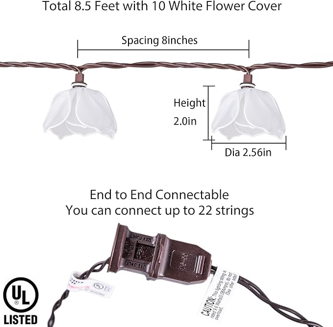 Decorative String Lights Plug in with 10 Bulbs, Flower Garland Fairy Lights Connectable Weatherproof Outdoor Indoor for Wedding Garden Pergola Bedroom Porch Floral Home Decor (White)
