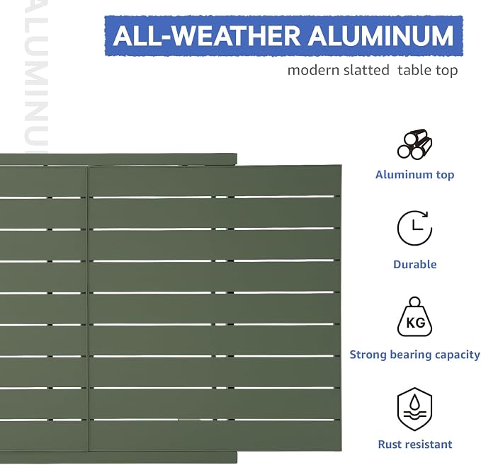 Soleil Jardin Aluminum Patio Extendable Dining Table, 59" - 83", Adjustable Indoor Outdoor Furniture Rectangle Table for 6-8 Person Porch Deck Garden, Green