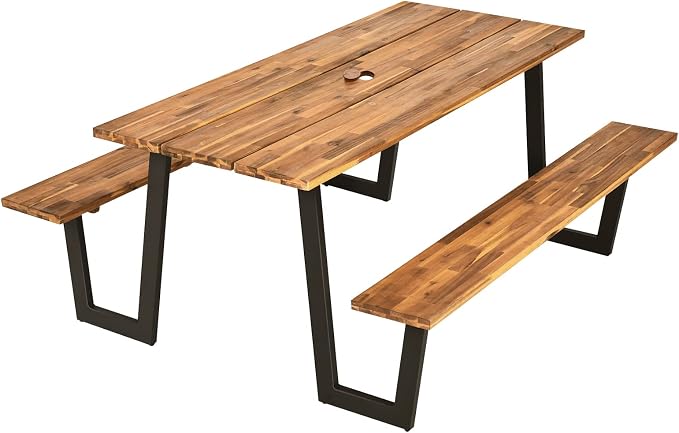 Tangkula Patented Wooden Picnic Table, Outdoor Acacia Wood Picnic Table with 2 Built-in Benches, Umbrella Hole, Steel Frame, Outside Table and Bench Set for Garden, Backyard, Porch, Patio