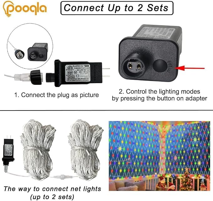 Pooqla Colorful Net Lights, 34.5X 5ft Christmas Lights Outdoor Clear Wire | 610 LED Large Net Mesh Lights Plug in, 8 Modes Waterproof Connectable Multicolor Bushes Lights for Christmas Hedge Yard Decor