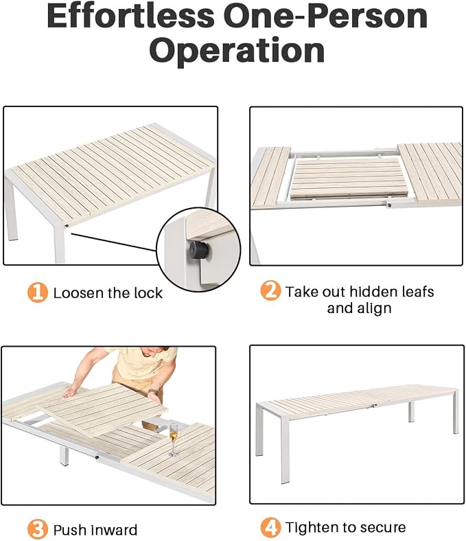 9-Piece Extendable Patio Dining Set with 2 Swivel Chairs, Never-Rust Aluminum Outdoor Dining Table Set, Oversized Expandable Dining Table with Wood Grain Top and Stackable Chairs for Balcony