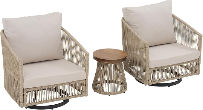SUNSITT 3-Piece Patio Furniture Set, Outdoor Swivel Chairs with Wood Top Coffee Table, Modern Open Weave Wicker Patio Set for Balcony, Porch, Backyard, Deck, Natural Color