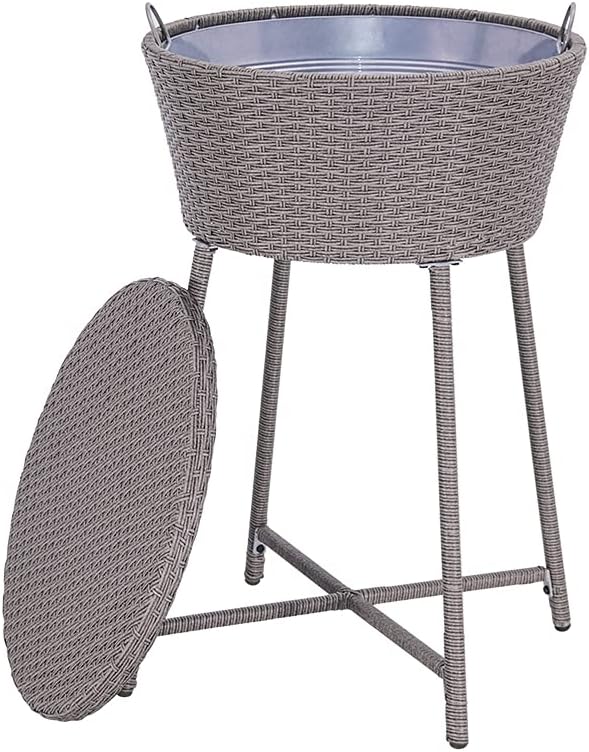 ABBLE Wicker Patio Ice Cooler Table Cool Bar Outdoor Patio Furniture Side Table with Beer and Wine Cooler Grey