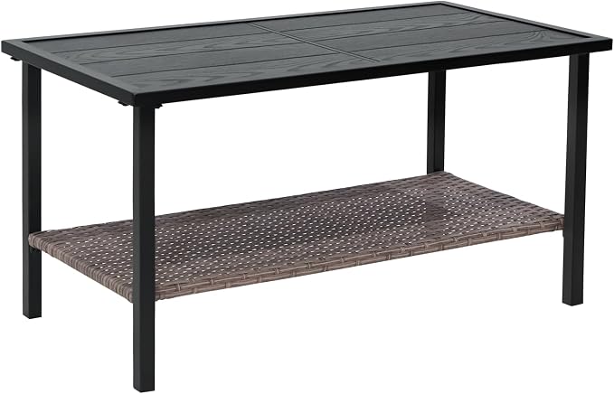 EAGLE PEAK Mojave Dusk Patio Coffee Table with Wood Grain Top and Wicker Shelf, Durable Weather-Resistant Outdoor Table for Deck, Porch, or Garden, Large