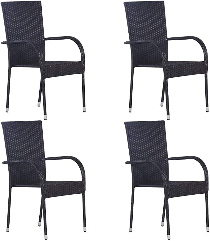5 Piece Patio Dining Set Black Poly Rattan Outdoor Furniture Table and 4 Chairs with Tempered Glass Top for Garden Backyard Deck Entertaining
