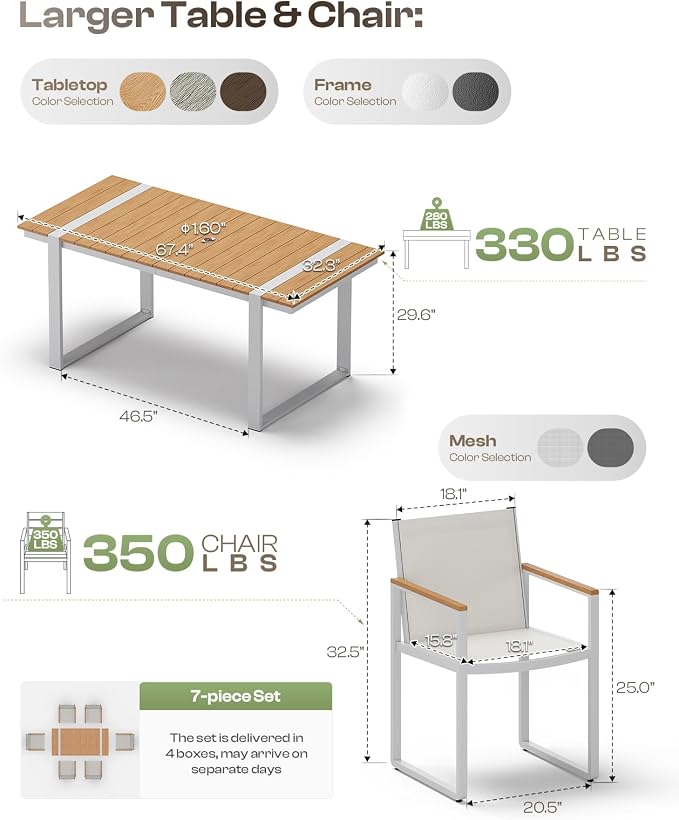 Outdoor Dining Chairs Set of 2, Aluminum Patio Dining Chiars with Textilene Mesh, 2 Piece Outdoor Chiars for Garden, Backyard, Deck (White-Teak)