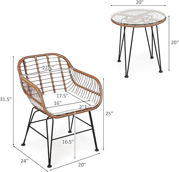 COSTWAY 3 Pieces Patio Bistro Set, Outdoor Rattan Conversation Seating Chair Set with Coffee Table & Soft Cushions, Indoor Wicker Furniture Set for Garden, Balcony, Porch, Pool, Black