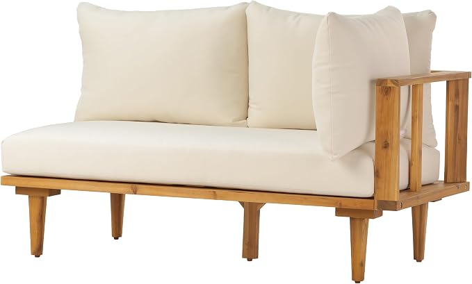 Christopher Knight Home Flynn Acacia Wood Patio Furniture Set, 6-Seater L-Shaped Sectional Sofa Set and Small Coffee Table, Outdoor Conversation Set for Backyard Poolside Balcony, Natural+Beige
