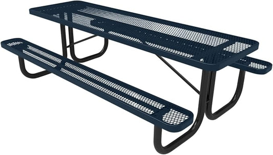 COATEDOUTDOORFURNITURE Heavy-Duty Portable Outdoor Picnic Table, Thermoplastic Coated Expanded Metal Commercial-Grade Patio Dining Furniture Made in America (8ft Rectangular, Dark Blue)