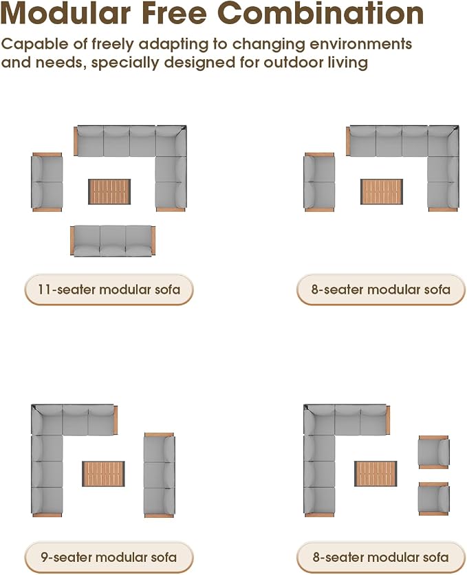 Aluminum Outdoor Patio Furniture Set, 11 Seats Patio Conversation Sets, Oversized Outdoor Sectional with Washable Thick Cushions & Coffee Table for Backyard, Garden and Poolside, Gray