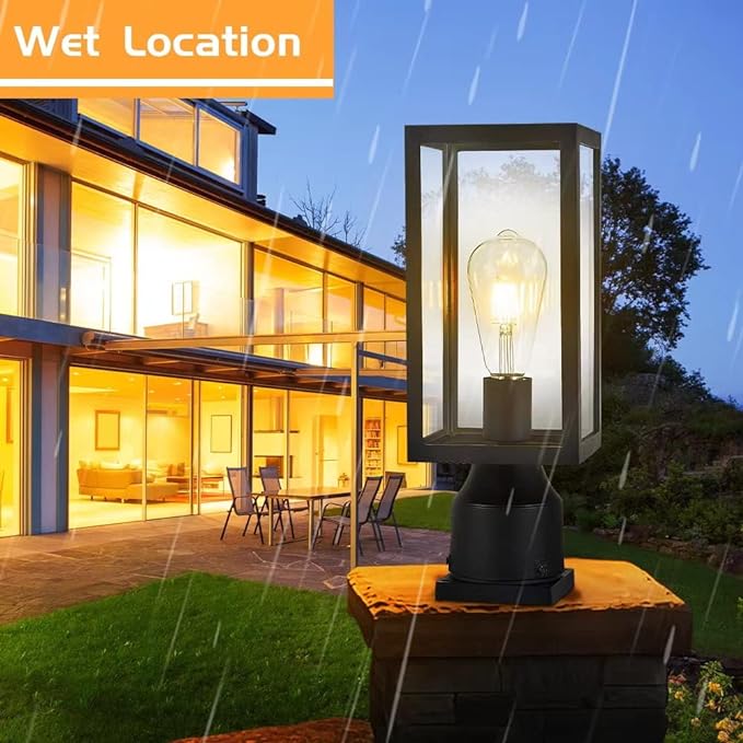 Windben Outdoor Post Light, Waterproof, 13.8in, Matte Black | Cast Aluminum Anti-Rust, Tempered Glass Panels, Comes with Pier Mount Base, For Garden, Yard, Driveway