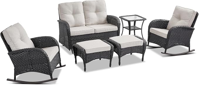 Belord 6 Pieces Outdoor Patio Furniture Set with Wicker Rocking Chairs, Rattan Patio Conversation Set with Glider Loveseat Ottomans and Side Table Black/Beige