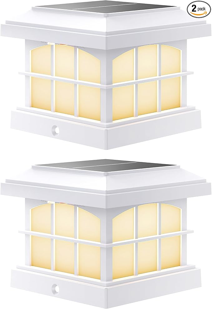 RGBCW Solar Post Cap Lights 2-Pack, 9 Colors 3 Modes Fence Cap Lights, Bright Solar Outdoor Waterproof LED Deck Lighting for Fence Garden Deck Patio Porch Decor 4x4 Vinyl/Wood, White