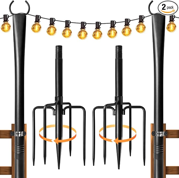 2 Pack String Light Poles for Outside with Ground Stakes and Fence Clips | Adjustable 7-section metal patio light poles for string lights and lanterns; for garden, patio, backyard and outdoor decor.
