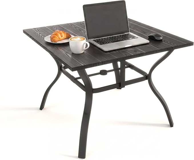Patio Outdoor Dining Table, Wood-Grain Patio Square Table with Umbrella Hole, All-Weather Metal Dining Table for Party, Lawn & Garden (37.8“ x 37.8”) Black