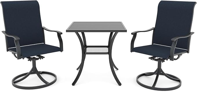 Anmutig 3 Piece Outdoor Patio Bistro Dining Set with 2 Swivel Dining Chairs & 1 Square Metal Dining Table, All Weather Dining Furniture Set for Lawn Garden Blue