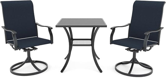 Anmutig 3 Piece Outdoor Patio Bistro Dining Set with 2 Swivel Dining Chairs & 1 Square Metal Dining Table, All Weather Dining Furniture Set for Lawn Garden Blue