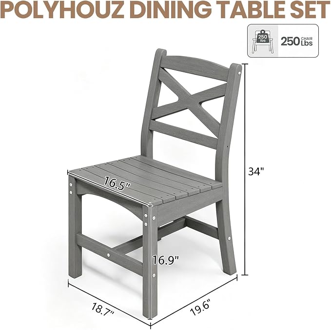 Outdoor Armless Dining Chairs Set of 4,HDPE Patio Chairs with Wide Seat,All-Weather HDPE Patio Armless Chairs for Porch, Backyard, Deck, White and Grey,Table not Included