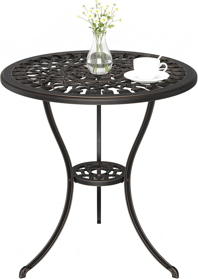 IDEALHOUSE Patio 23''Cast Aluminum Side Table with Umbrella Hole,Outdoor Small Coffee Tables,Anti-Rust Bistro Table,Round End Table,Outdoor Furniture for Indoor,Patio,Garden,Porch,Balcony(Bronze)