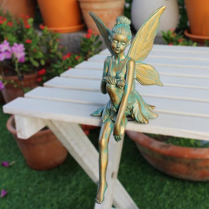 Vintage Bronze Sitting Fairy Statue Outdoor Garden Decor, 7" Tall Resin Angel Figurine Home Shelf Sitter Yard Art Sculpture for Patio Lawn Porch Ornaments