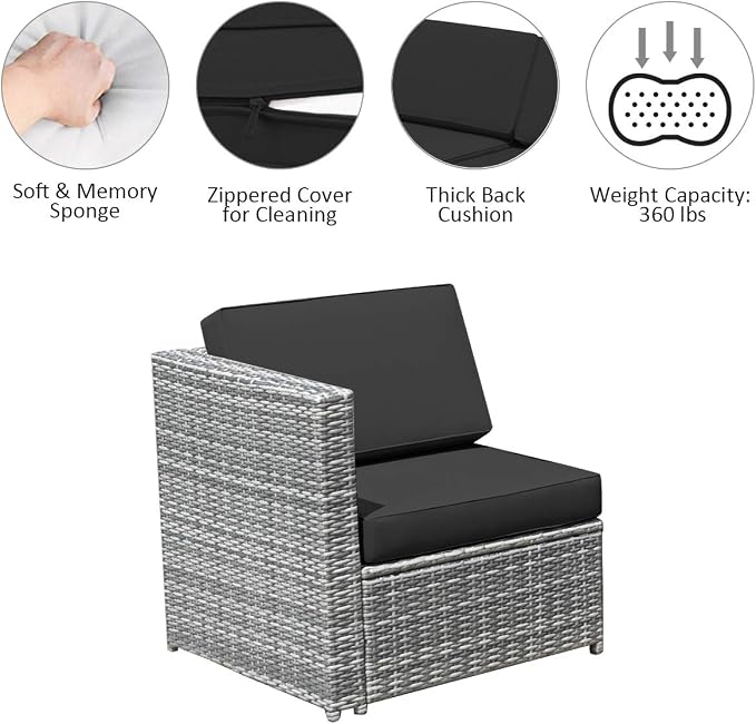 RELAX4LIFE 8-Piece Patio Furniture Set - PE Wicker Conversation Set w/Soft Cushions & Tempered Glass Storage Table, Outdoor Sectional Sofa Set for Garden, Poolside, Backyard (Black)