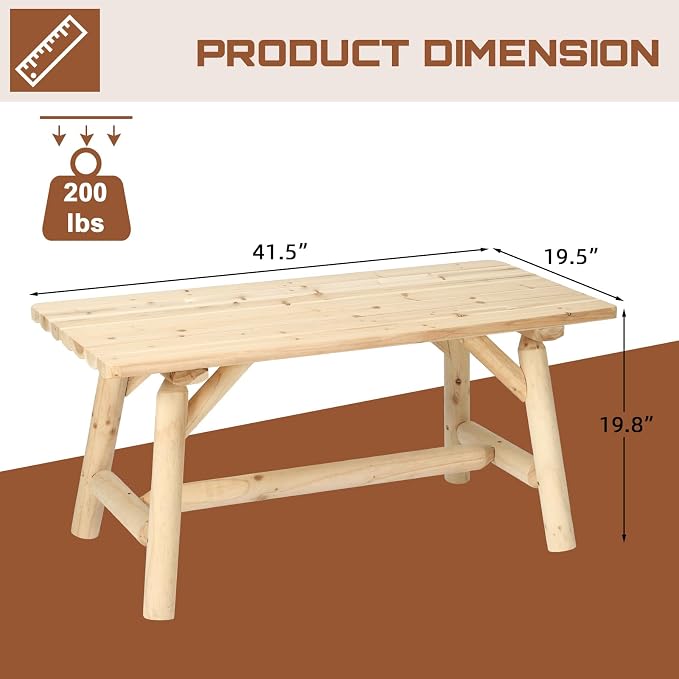 HOMEDIARY Wooden Adirondack Log Side Table, Cedar Wood Outdoor Rectangular End Table w/Slatted Tabletop, Oversize 41.5” Indoor Outdoor Patio Side Coffee Table for Garden Patio Backyard Porch, Natural