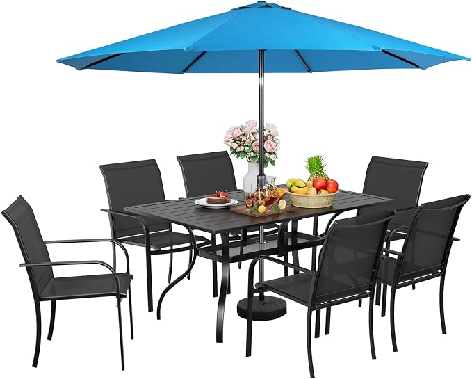 Incbruce 8 Pieces Patio Dining Set with Sky Blue Umbrella, Outdoor Dining Set of 6 Textilene Chairs and Rectangle Table with Umbrella Hole for Backyard, Garden, and Poolside (Black)