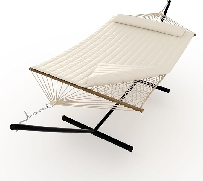 Double Hammock with Stand for Outdoor, Heavy Duty Portable Hammock with Adjustable Steel Stand for Patio, Garden, Beach, Backyard, Off White