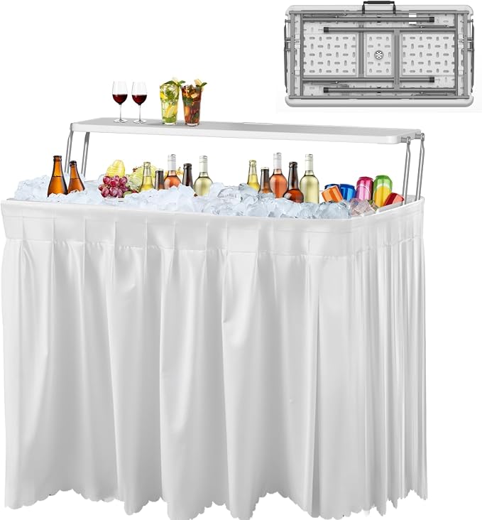 2 Tiers 4 Foot Ice Cooler Table, Folding Tailgate Camp Fishing Cleaning with Matching Skirt & Drain Hose, Plastic Ice Table for Party, BBQ, Camping, Picnic, Barbecues to Keep Drinks Cool, White