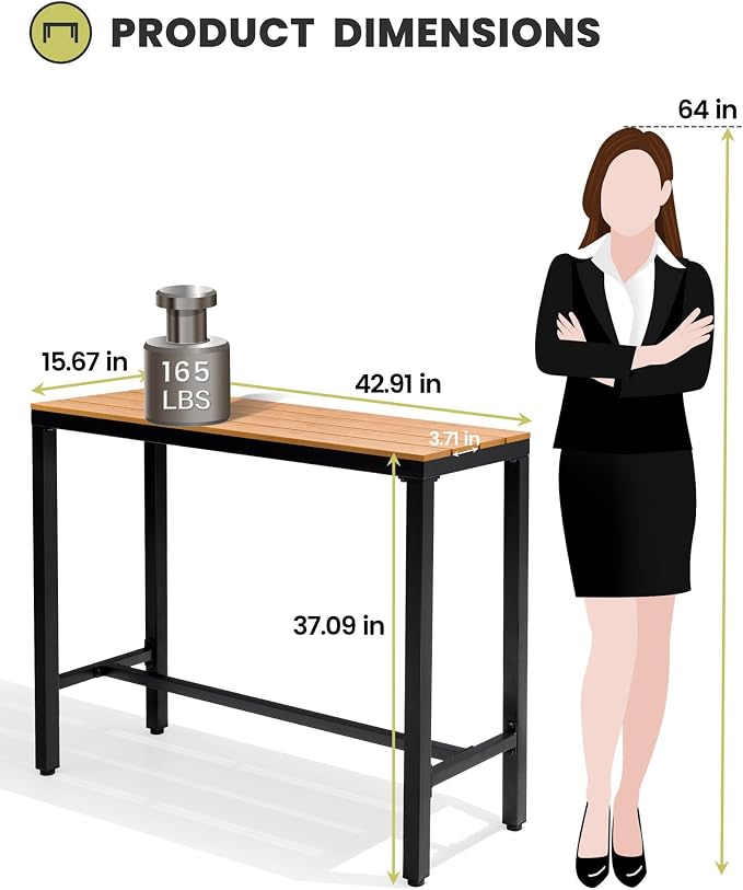Crestlive Products Outdoor Bar Table, 43'' Rectangle Patio Counter Height Table High Pub Table with Waterproof Top and Sturdy Metal Frame for Balcony, Bistro, Garden, Backyard, Hot Tub(Brown)