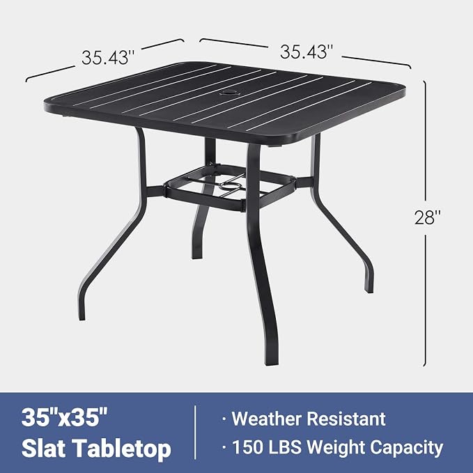 HRVEOCEI 35" Outdoor Square Table with Umbrella Hole, Metal Patio Dining Tables for Lawn Garden, Wood-Like Grain Bistro Table Outdoor for Backyard,Poolside,Deck,Por (Black, Square)