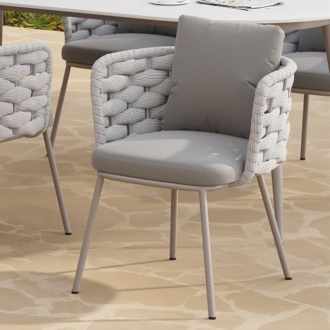 2-Piece Mid Century Modern Outdoor Patio Dining Chairs - Aluminum & Rope Woven Armchairs, Gray Cushions for Comfortable Outdoor Seating