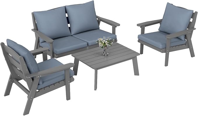 FOOWIN 4-Piece Patio Furniture Set, HDPE All-Weather Outdoor Conversation Set with Thick Cushions, Sectional Patio Sofa Furniture for Deck, Porch, Lawn, Garden, Grey Frame & Grey Cushion