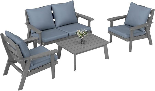 FOOWIN 4-Piece Patio Furniture Set, HDPE All-Weather Outdoor Conversation Set with Thick Cushions, Sectional Patio Sofa Furniture for Deck, Porch, Lawn, Garden, Grey Frame & Grey Cushion