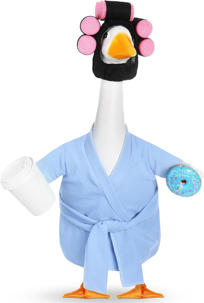 Shyyween Lady Porch Goose Outfits 23 Inch Light Blue Bathrobe Porch Goose Outfit with Curlers Coffee Cup Lawn Geese Clothes for Cement Plastic Statue