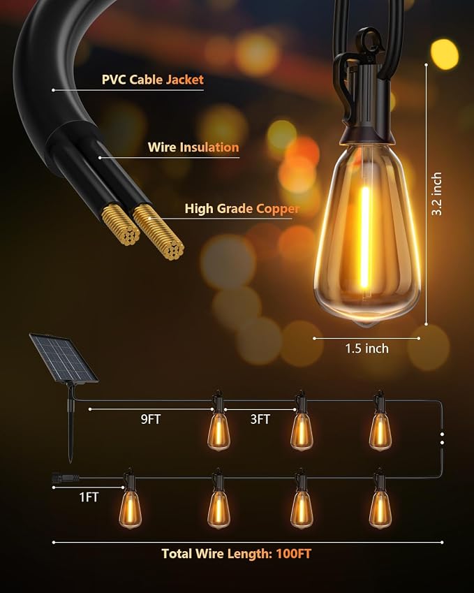Brightown 100FT Solar String Lights Outdoor, 31+2 Shatterproof LED Bulbs | Waterproof, Remote Control, Dimmable, Timer, 3 Light Modes, Up to 26H Runtime for Backyard, Patio and Party Decor