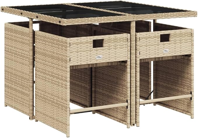 5 Piece Patio Dining Set with Cushions Beige Poly Rattan Outdoor Table and 4 Folding Chairs Tempered Glass Top for Garden Backyard Deck Dining Relaxing UV Proof