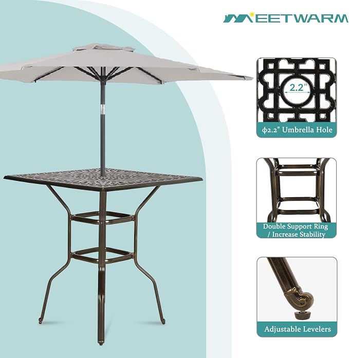 MEETWARM Patio Height Bar Table, 35.4" Bar Height Bistro Table, Outdoor Cast Aluminum Bistro Square High Top Dining Table with 2.2" Umbrella Hole for Garden Deck Backyard, Dark Bronze