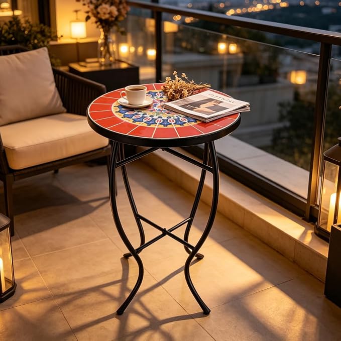 Mosaic Outdoor Side Table Small Round Patio Table Plant Stand | 21" Accent End Table with 14" Ceramic Tile Top for Small Spaces Porch Pool Garden Decor Indoor Living Room Bedroom Balcony