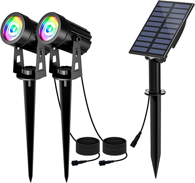 T-SUN Color Changing Solar Spot Lights Outdoor, Outdoor Waterproof RGB Landcape Spotlights, Dusk to Dawn Solar Lights for Garden, Pond, Yard, Trees, Pathway(RGB)