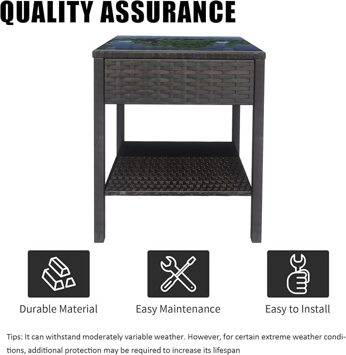 Wicker Rattan Side Table,Outdoor Patio Wicker Table,Modern Patio End Side Table with Glass Countertop and Storage Space,for Garden Balcony Porch