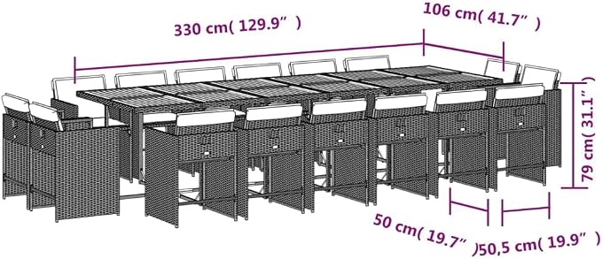 17 Piece Patio Dining Set with Cushions Gray Poly Rattan Outdoor Furniture Table and 16 Stackable Chairs for Garden Backyard Lawn Entertaining, UV-Proof, Heavy Duty Steel Frame, Acacia Wood Top