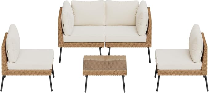 Aoxun Patio Furniture Set, 5 Piece Outdoor Sectional Sofas with Thick Cushion, Wicker Outdoor Patio Furniture Set with Coffee Table for Party, Garden, Backyard, Beige