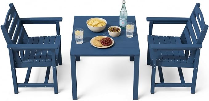 Domi HDPE Outdoor Dining Set, All-Weather Outdoor Dining Table Set of 3 with 2" Umbrella Hole, Outdoor Patio Dining Set for Garden, Poolside, Backyard, Deck, Blue