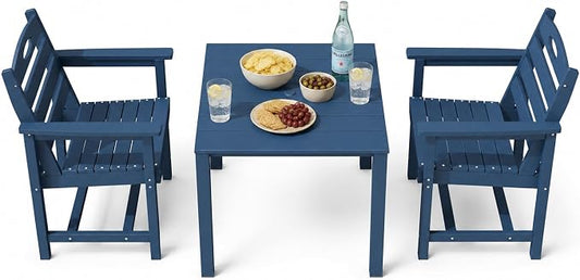 Domi HDPE Outdoor Dining Set, All-Weather Outdoor Dining Table Set of 3 with 2" Umbrella Hole, Outdoor Patio Dining Set for Garden, Poolside, Backyard, Deck, Blue