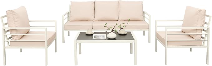 WAROOM Patio Furniture Set 4 Pieces Metal Outdoor Conversation Sets Backyard Chair Outside Couch with Coffee Table, Khaki Cushion