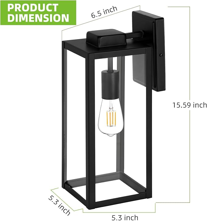 hykolity Large Outdoor Wall Lights, 16 Inch Dusk to Dawn Outdoor Lighting | Waterproof Exterior Lighting Fixtures, Anti-Rust Lantern Lamp with Glass Shade, Black Outdoor Lights for House Porch, 2 Pack