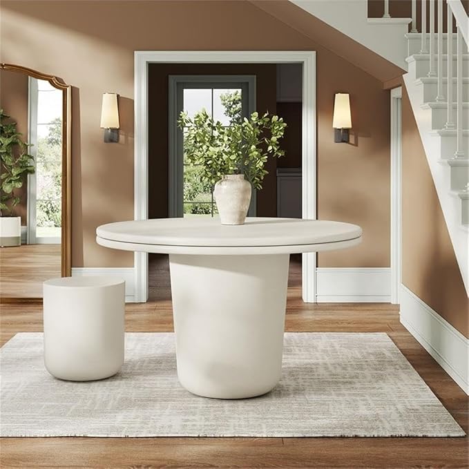 Pemberly Row Concrete Round Top Dining Table, 48 Inch White Finish, Contemporary Indoor Outdoor Design, Double Lip Edging, Cylindrical Base, Seats 2-4, Patio or Dining Room Table for Modern Spaces