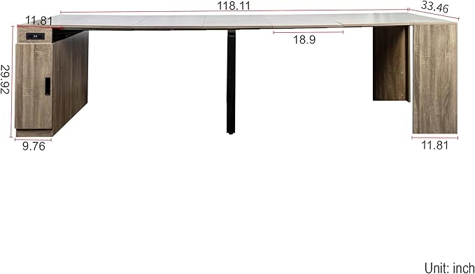 23.62”-118.11” Extendable Dining Room Table, 1-10 People Wood Long Foldable Tables with Storage Cabinet & Outlet, Space Saving Expanding Table with for Kitchen, Living Room, Party, Brown