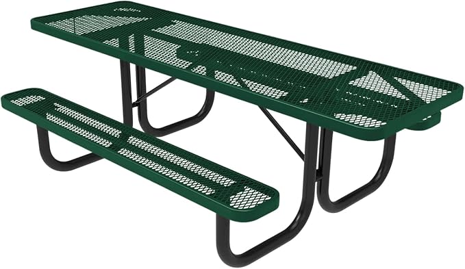 COATEDOUTDOORFURNITURE Heavy-Duty Portable ADA-Compliant Outdoor Picnic Table, Expanded Metal Patio Dining Furniture Made in America (8ft Rectangular, Both-Side Handicap, Textured Green)